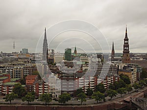 Aerial view of Hamburg port in a summer day. Hamburg city skyline and city view.