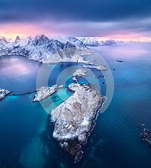 Aerial view of Hamnoy at dramatic sunset in winter in Norway