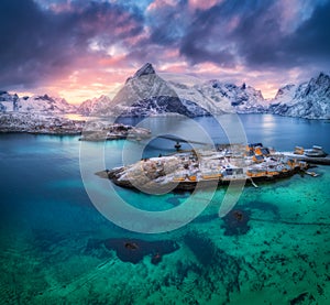 Aerial view of Hamnoy at dramatic sunset in winter in Norway photo