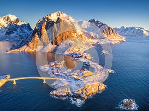 Aerial view of Hamnoy at sunrise in winter. Lofoten islands photo