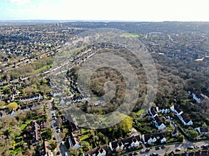 Aerial view of Hampstead Garden Suburb, an elevated suburb of London.