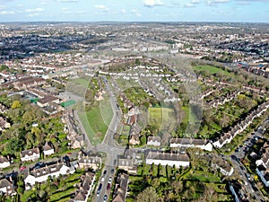 Aerial view of Hampstead Garden Suburb, an elevated suburb of London.