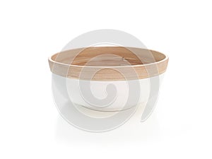 Aerial view of handmade bamboo bowl isolated. Close up of empty round container. Decor and kitchen crafts, utensils. Round natural