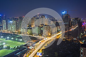 Aerial view of Hanoi skyline cityscape at night. Le Van Luong - Khuat Duy Tien intersection , Cau Giay district