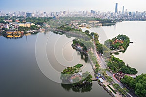 Aerial view of Hanoi skyline with Thanh Nien street at West Lake. Hanoi cityscape at twilight