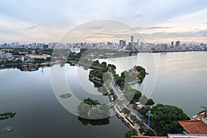 Aerial view of Hanoi skyline at West Lake or Ho Tay. Hanoi cityscape at twilight