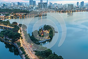 Aerial view of Hanoi skyline at West Lake or Ho Tay. Hanoi cityscape at twilight