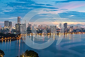 Aerial view of Hanoi skyline at West Lake or Ho Tay. Hanoi cityscape at twilight