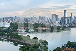 Aerial view of Hanoi skyline at West Lake or Ho Tay. Hanoi cityscape at twilight