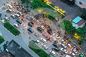 Aerial view of Hanoi traffic at Nguyen Chi Thanh street at rush hour in 2020