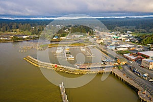 Aerial view of harbor in Bandon, Oregon.