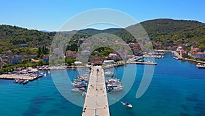 Aerial view of harbor . Boats and yachts docked in port.