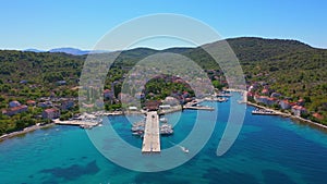 Aerial view of harbor . Boats and yachts docked in port.