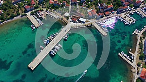 Aerial view of harbor . Boats and yachts docked in port.