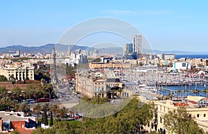 Aerial view of the Harbor district with Columbus colomn and Ramblas in Barcelona, Spain