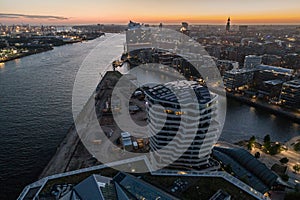 Aerial view of the harbor district, the concert hall `Elbphilharmonie`.
