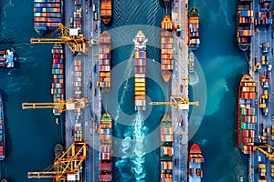 Aerial View of Harbor Filled With Ships. Generative AI