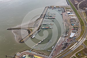 Aerial view harbor Lauwersoog at Dutch coast Wadden Sea
