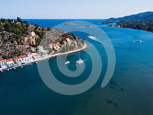Aerial view of harbor at Poros island, Aegean sea. Travel.
