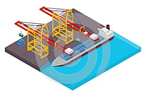 Aerial view of harbor waterfront and maritime terminal with container ship loading isometric poster