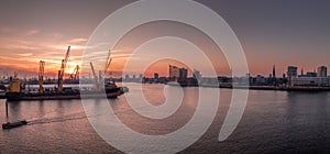 Aerial view of the harbour at beautiful sunset in Hamburg with Elbphilharmonie