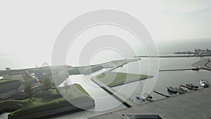 Aerial view of a harbour in Copenhagen next to a classical building