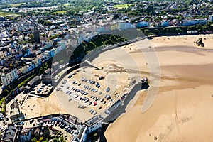 Aerial view a harbour at low tide in Tenby, Wales