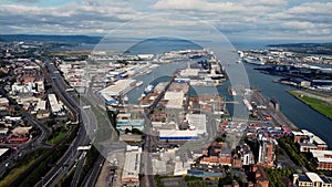 Aerial view of Harland and Wolff and Shipyard Dockyard where RMS Titanic was built Titanic Quarter Belfast Northern Ireland photo