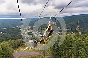 Aerial view of Harrachov town with ski jump tower and chair lift