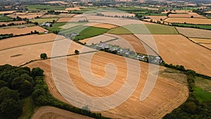 Aerial view. Harvested fields and farms. county Laois. Ireland