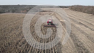 Aerial view harvester working on corn field. Autumn agricultural harvesting work.