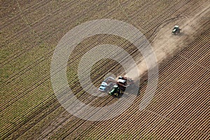 An aerial view of harvesting potatoes in Idaho.