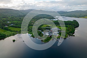 Aerial view of Harveys point hotel on lough eske lake in Donegal, Ireland
