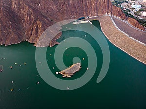 Aerial view of Hatta dam lake in Dubai emirate of UAE photo