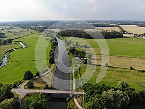 Aerial view of Havel river canal VoÃŸkanal in Krewelin, Oberhavel, Ruppiner Lakeland, Brandenburg, Germany