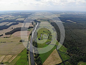 Aerial view of Havel river canal VoÃŸkanal in Krewelin, Oberhavel, Ruppiner Lakeland, Brandenburg, Germany