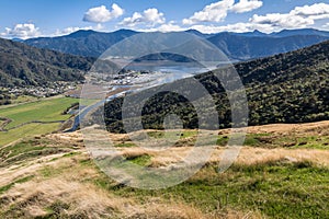 Aerial view of Havelock marina and Pelorus Sound in Marlborough region, New Zealand