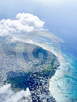 Aerial view of Hawaii Oahu diamond peak on a sunny day in summer