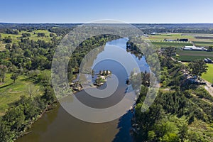 Aerial view of the Hawkesbury River and farmland in regional New South Wales in Australia