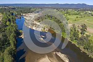 Aerial view of the Hawkesbury River and farmland in regional New South Wales in Australia