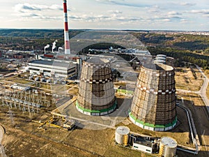 Aerial view of heating plant and thermal power station. Combined modern power station for city district heating. Industrial zone,