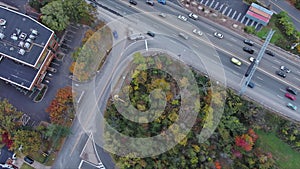 From an aerial view, heavy traffic jams on a highway during rush hour with cars slowing down during rush hour