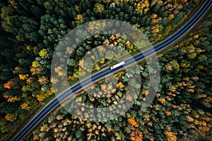 Aerial view of heavy truck on a narrow twisting road