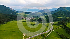 Aerial view from the heights of the road that runs through the Slovak Mountains with village