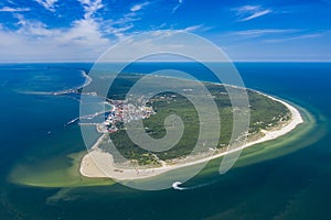 Aerial view of Hel Peninsula in Poland, Baltic Sea and Puck Bay Zatoka Pucka Photo made by drone from above photo