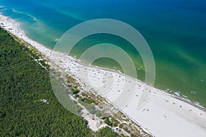 Aerial view of Hel Peninsula in Poland, Baltic Sea and Puck Bay Zatoka Pucka Photo made by drone from above