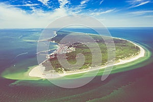 Aerial view of Hel Peninsula in Poland, Baltic Sea and Puck Bay Zatoka Pucka Photo made by drone from above