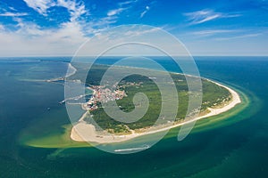 Aerial view of Hel Peninsula in Poland, Baltic Sea and Puck Bay Zatoka Pucka Photo made by drone from above