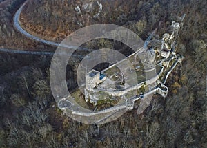 Aerial view of Helfenstein Castle Ruin in Weiler ob Helfenstein,  Swabian Alb, Germany