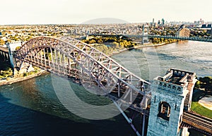 Aerial view of the Hell Gate Bridge over the East River in NY